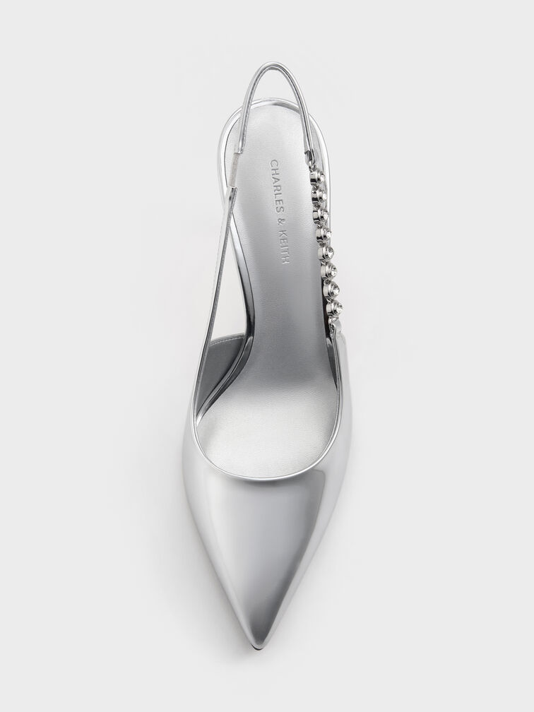 Flores Metallic Gem-Strap Slingback Pumps, Silver, hi-res