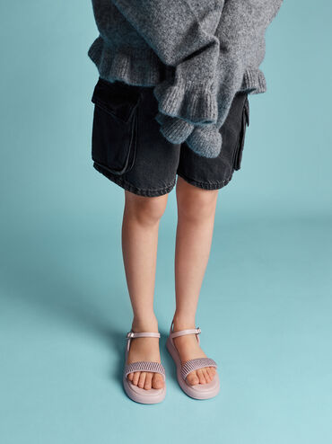 Girls' Crystal-Pearl Puffy Sandals, Light Pink, hi-res