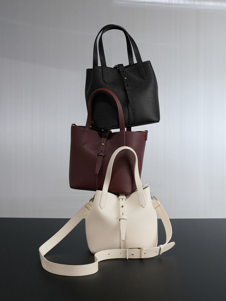 Beryl Recycled Leather Double-Handle Belted Bucket Bag, Cream, hi-res