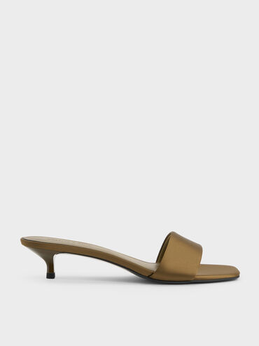 Susie Satin Kitten-Heel Mules, Olive, hi-res