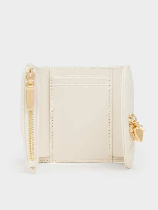 Arrietty Quilted Bow-Heart Charm Curved-Flap Wallet, Cream, hi-res