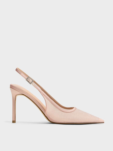Glittered Mesh Pointed Slingback Pumps, Pink, hi-res