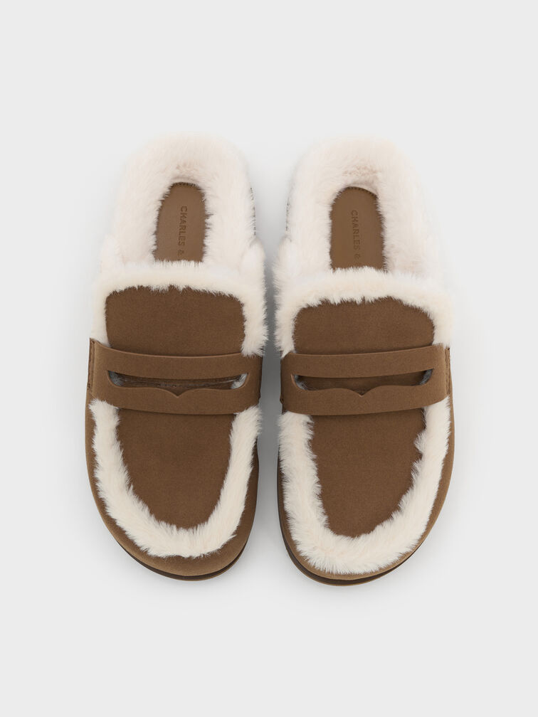 Recycled-Fur Flatform Mules, Brown, hi-res