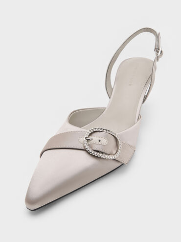 Jannie Recycled Polyester Crystal-Buckle Slingback Pumps, Light Grey, hi-res