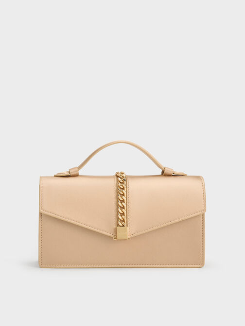 Taisia Satin Chain-Strap Envelope Bag, Champagne, hi-res
