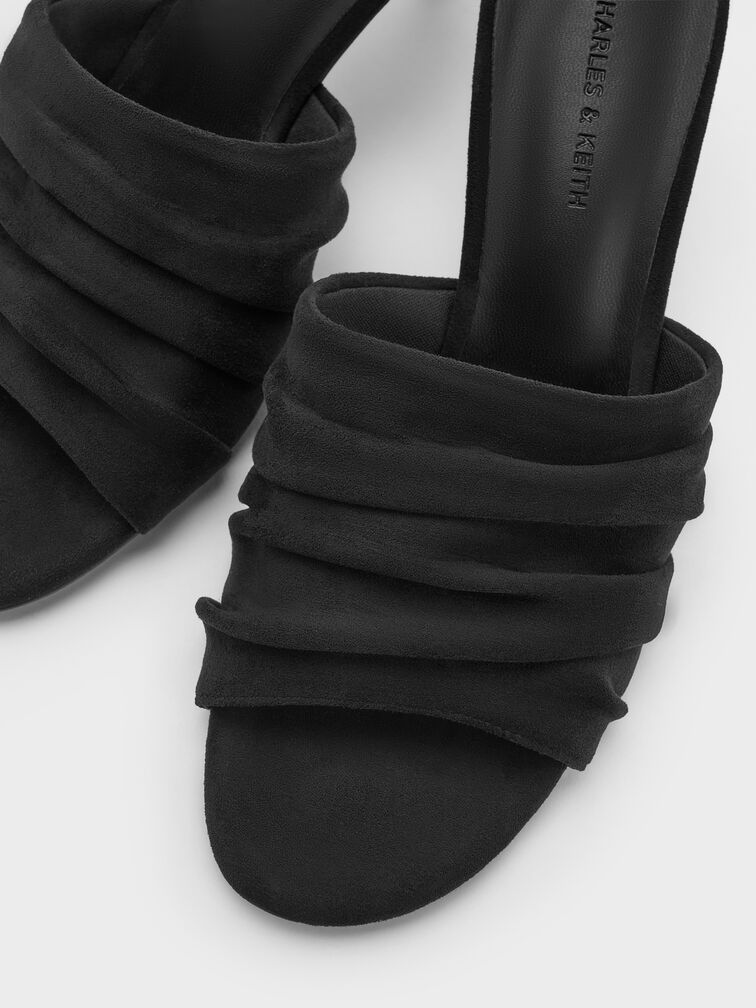 Faux Suede Ruched Heeled Mules, Black Textured, hi-res