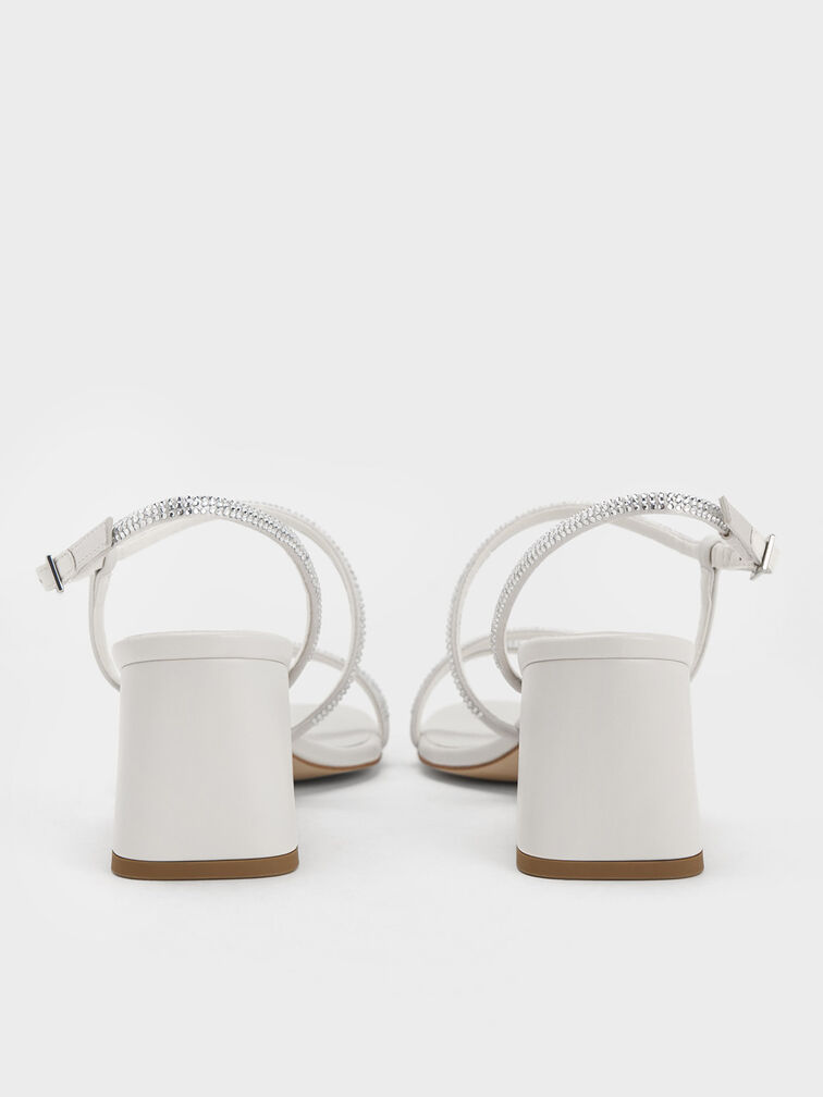 Satin Crystal-Embellished Block-Heel Strappy Sandals, White, hi-res