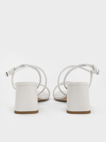 Satin Crystal-Embellished Block-Heel Strappy Sandals, White, hi-res