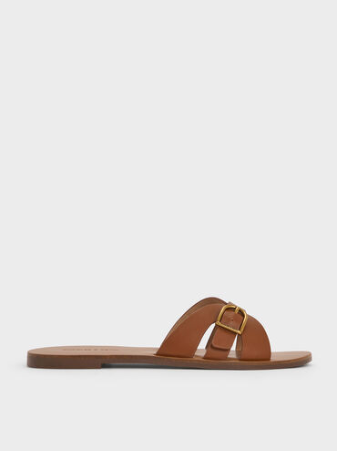 Belted Slide Sandals, Brown, hi-res