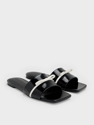 Two-Tone Bow Slide Sandals, Black Boxed, hi-res