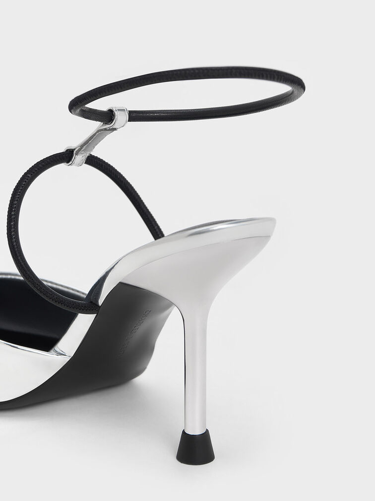 حذاء ميتاليك بكعب مدبب وشريط حرف T, فضي, hi-res