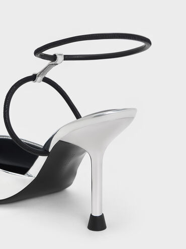 حذاء ميتاليك بكعب مدبب وشريط حرف T, فضي, hi-res