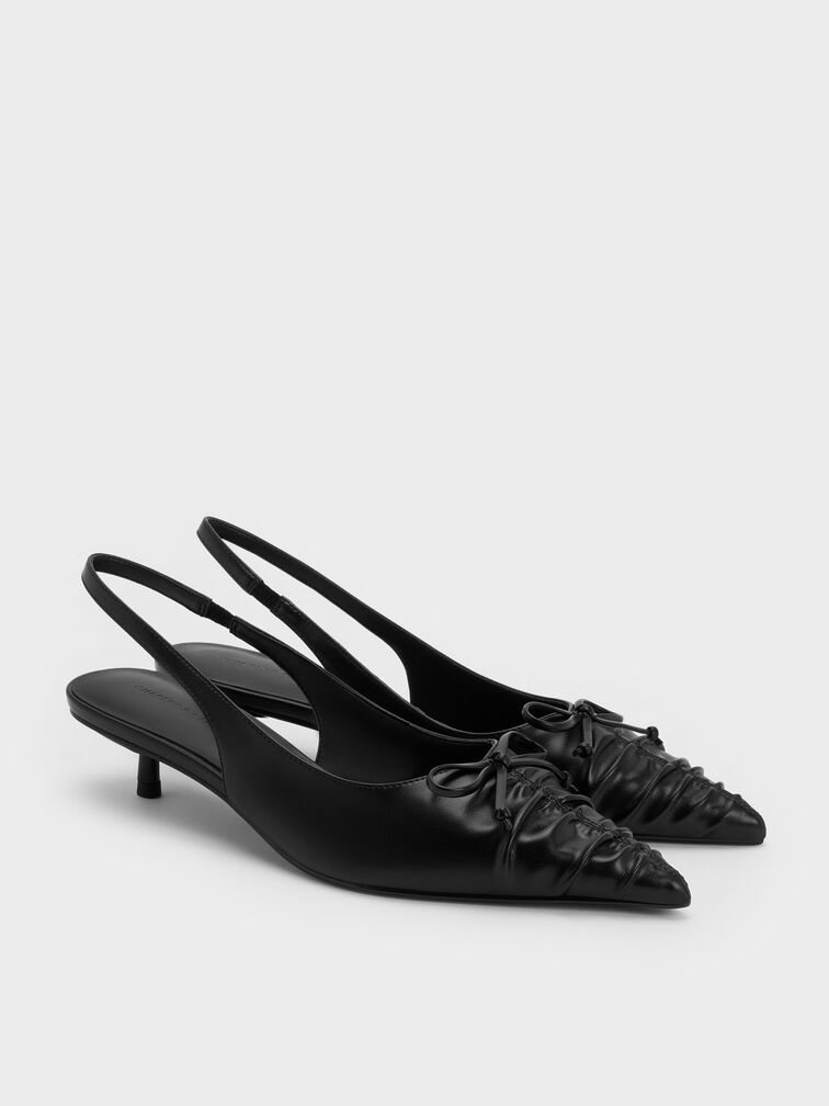 Ruched Bow Slingback Kitten Heels, Black, hi-res