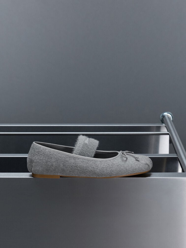 Winona Felt Bow Furry-Strap Mary Jane Flats, Light Grey, hi-res