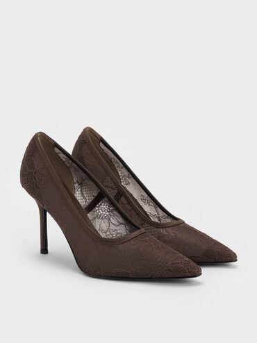 Lace & Satin Stiletto Pumps, Dark Brown Textured, hi-res