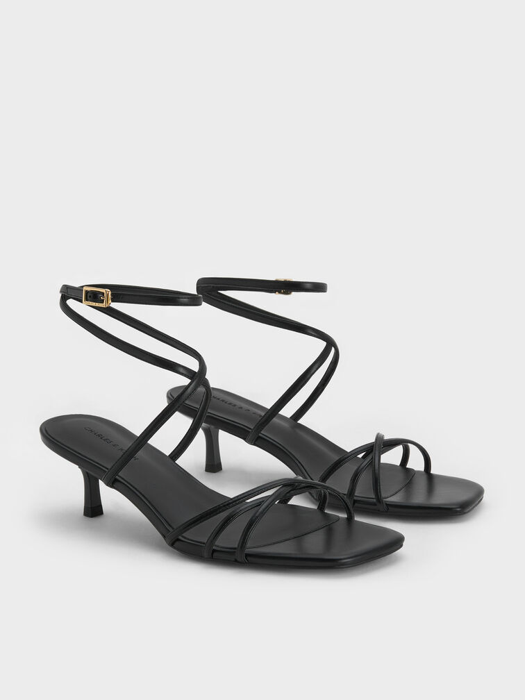 صندل بكعب صغير وأشرطة ومقدمة مربعة, أسود, hi-res