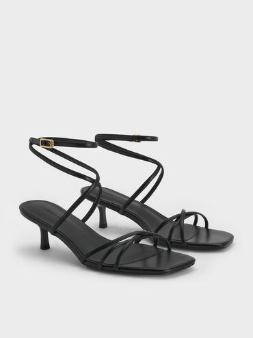 صندل بكعب صغير وأشرطة ومقدمة مربعة, أسود, hi-res