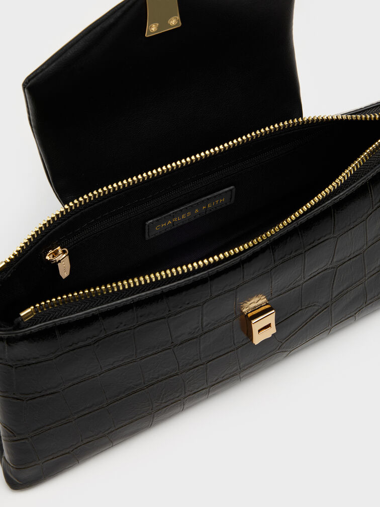 Lilibet Croc-Effect Elongated Top Handle Bag, Black, hi-res