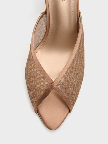 حذاء ميول بكعب ومقدمة مفتوحة من القماش الشبكي اللامع, برونزي, hi-res