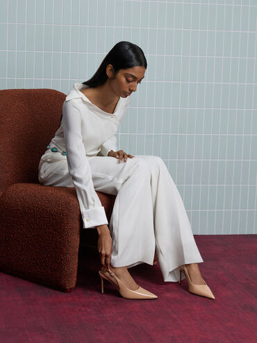 Patent Pointed Slingback Pumps, Nude, hi-res