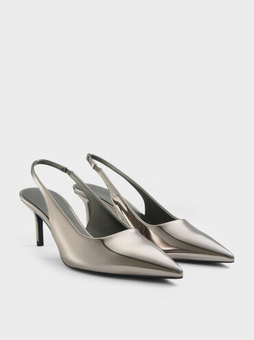 Kaia Metallic Pointed-Toe Slingback Pumps, Pewter, hi-res