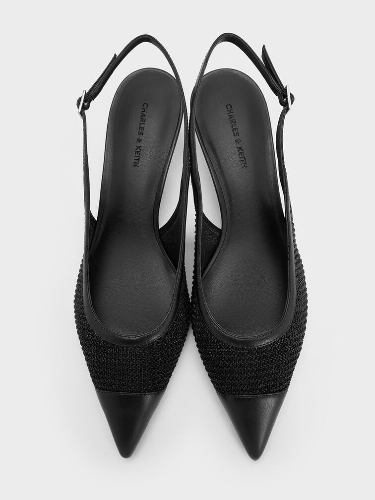 Mesh Cap-Toe Kitten-Heel Pumps, Black Textured, hi-res