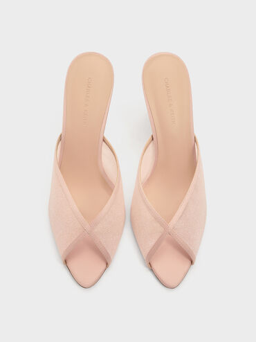 حذاء ميول بكعب ومقدمة مفتوحة من القماش الشبكي اللامع, وردي, hi-res