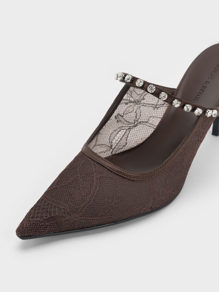 ميولز بكعب عالٍ من الدانتيل والساتان ومرصع بالكريستال, بني محبّب غامق, hi-res