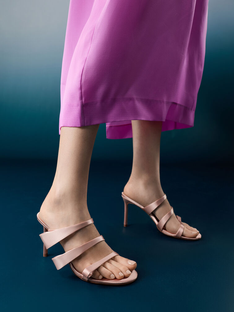 Satin Triple Pleated-Strap Stiletto Heels, Pink, hi-res