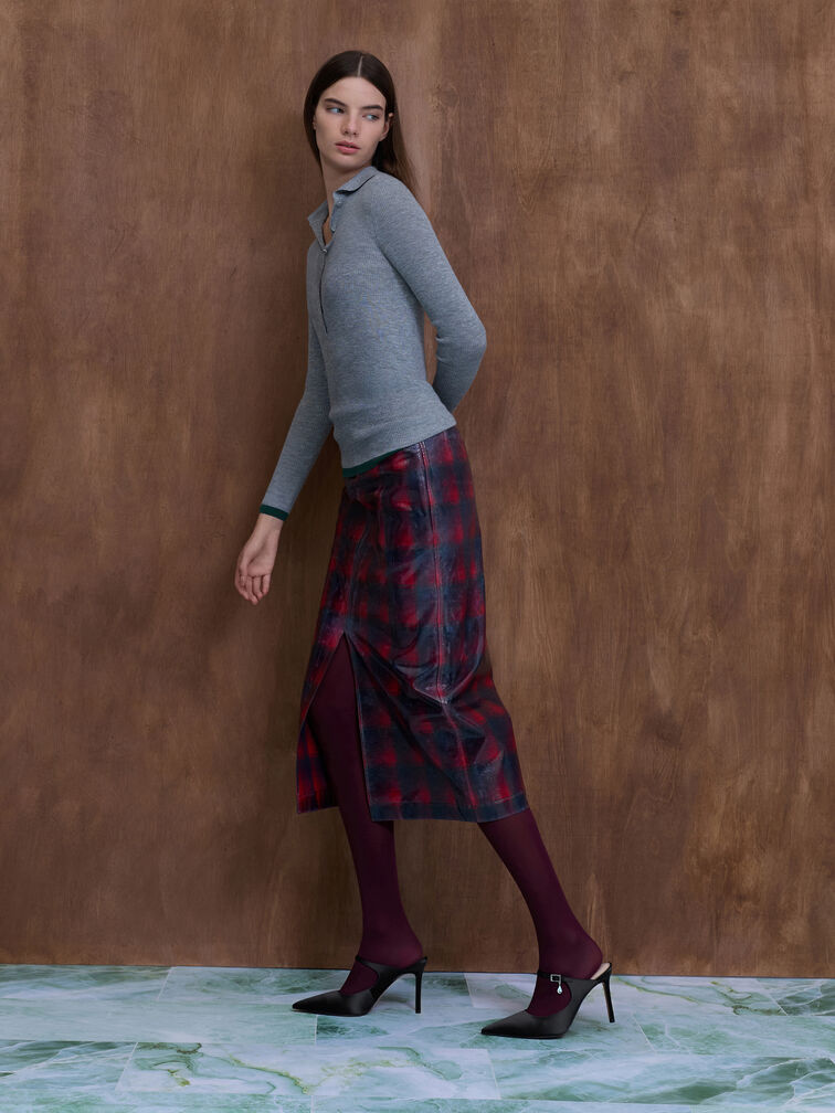 حذاء (مولز) ساتان مفتوح من الخلف، مزوّد بشريط عند الكاحل مزين بكريستالات على شكل دمعة وحزام بمشبك، بكعب طويل ورفيع., أسود خشن, hi-res