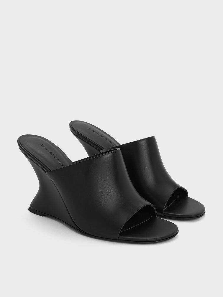 Wide-Strap Sculptural-Heel Wedges, Black, hi-res
