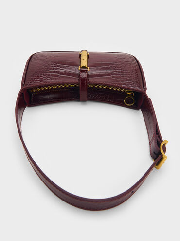 حقيبة كتف سيزيا بنقشة جلد التمساح ولمسات معدنية لامعة, برغندي, hi-res