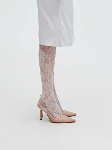 حذاء من الدانتيل والساتان مفتوح من الخلف بكعب (بامبس), لون البشرة الطبيعي, hi-res