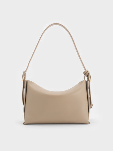 Leather Top-Flap Hobo Bag, Taupe, hi-res