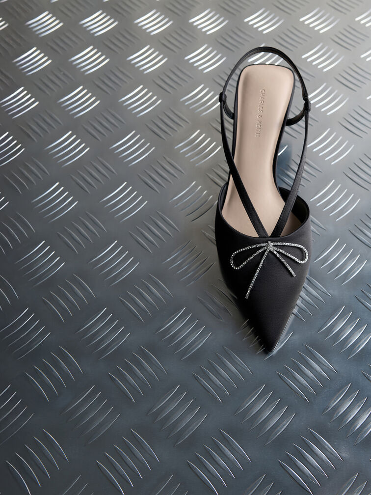 Recycled Polyester Crystal-Bow Kitten-Heel Slingback Pumps, Black Textured, hi-res