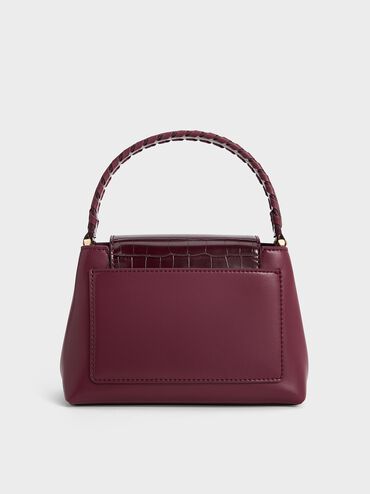 حقيبة أروين بمقبض علوي وحزام مضفر ونقشة جلد التمساح, برغندي, hi-res