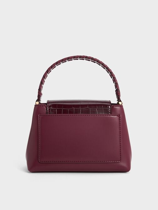 حقيبة أروين بمقبض علوي وحزام مضفر ونقشة جلد التمساح, برغندي, hi-res
