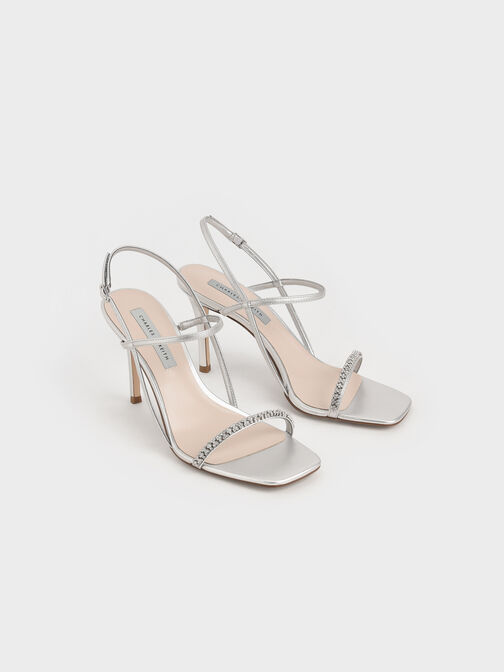 Gem-Embellished Strappy Sandals, Silver, hi-res