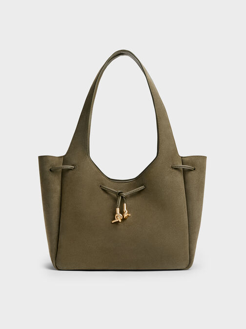 Mila Recycled Suede Metallic-Knot Drawstring Tote Bag, Deep Olive, hi-res