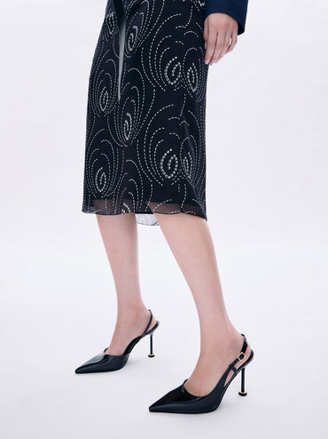 Wynn Patent Pointed-Toe Sculptural-Heel Slingback Pumps, Black Patent, hi-res