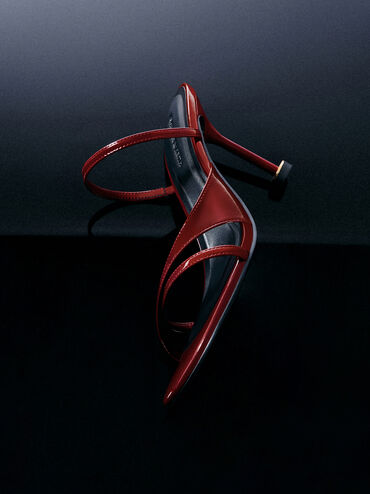 Wynn Patent Crossover Sculptural-Heel Strappy Mules, Red, hi-res