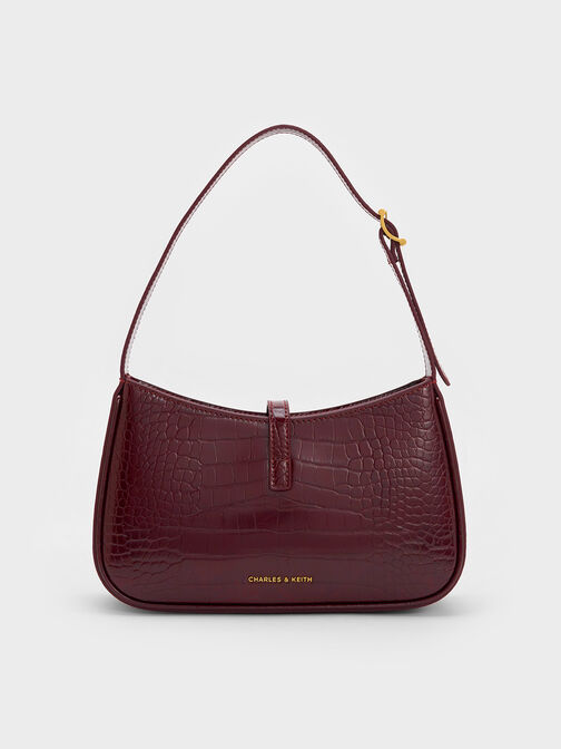 Cesia Croc-Effect Metallic-Accent Shoulder Bag, Burgundy, hi-res