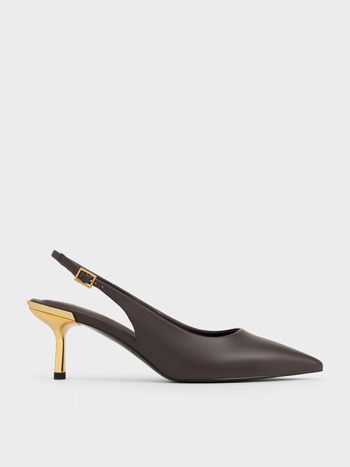 حذاء مفتوح من الخلف بكعب القطة الكلاسيكي ولمعة معدنية, بني داكن, hi-res