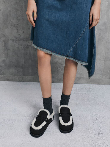 Furry Flatform Mules, Black Textured, hi-res