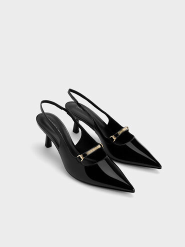 Patent Metallic Accent Slingback Pumps, Black Patent, hi-res