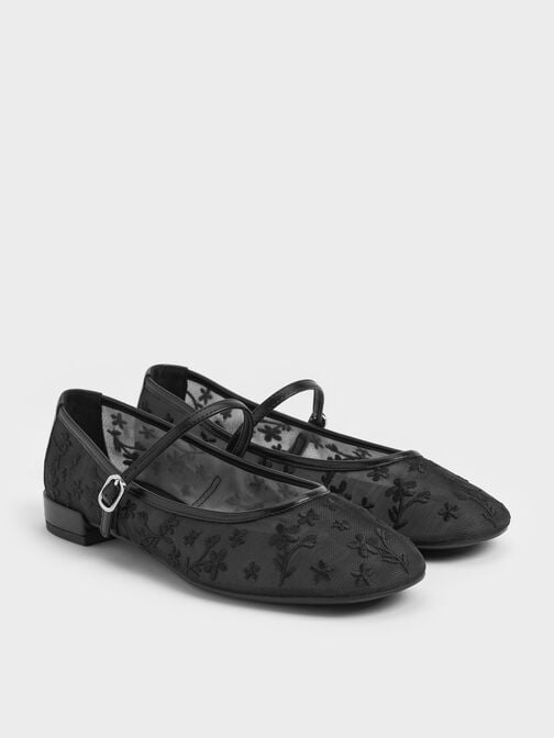 Gertrude Mesh Embroidered Floral Mary Janes, Black2, hi-res