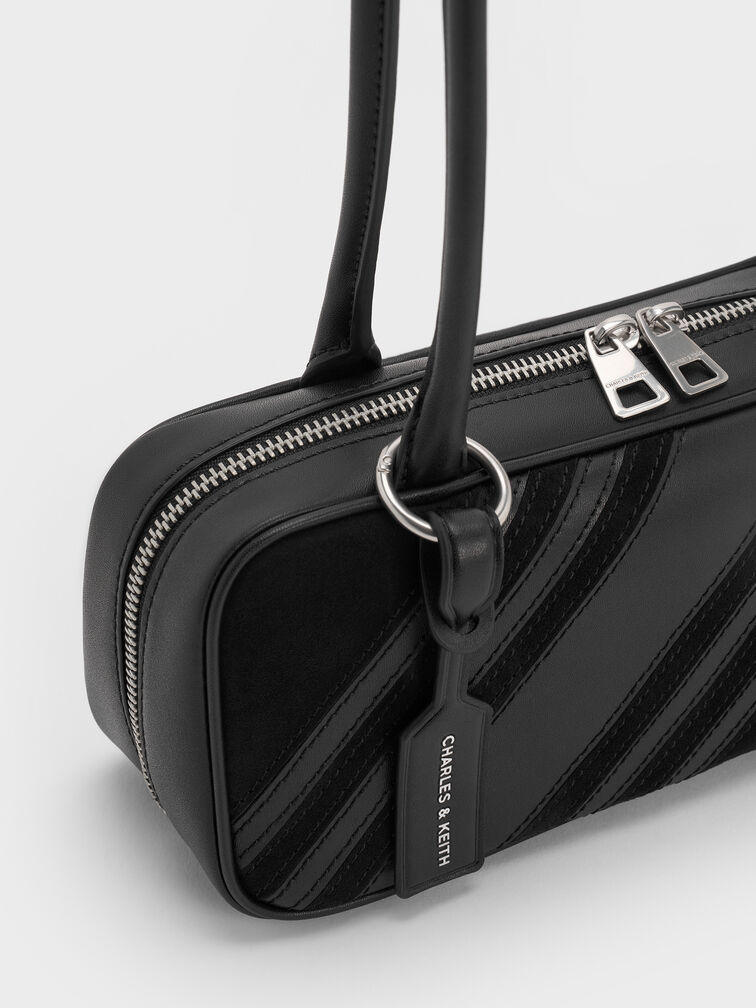 حقيبة كتف زيا مخططة من الشمواه المعاد تدويره, أسود كلاسيكي, hi-res