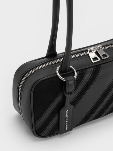 حقيبة كتف زيا مخططة من الشمواه المعاد تدويره, أسود كلاسيكي, hi-res