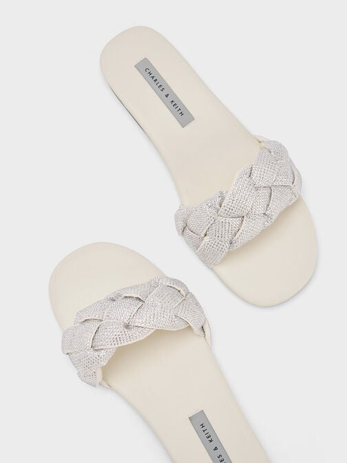 Gem-Embellished Braided Strap Slides, Cream, hi-res