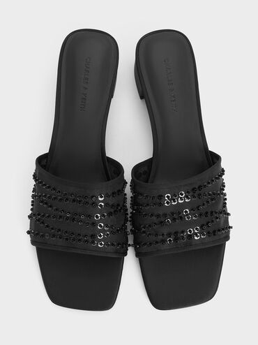 Mesh Sequinned Block-Heel Mules, Black Textured, hi-res